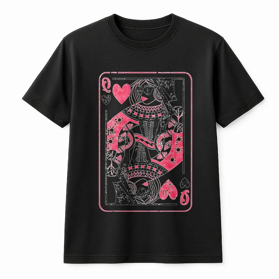 Queen of Hearts Playing Card T-Shirt | Retro Grunge Pink Heart Design | 100% Premium Cotton Tee | Romantic Gift for Her Valentine Day Outfit