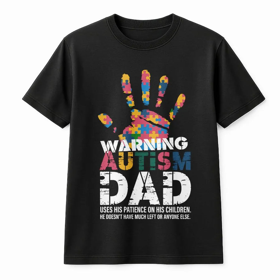 Autism Dad T-Shirt | Warning Puzzle Handprint Graphic | Premium Cotton Tee | Special Needs Parent Awareness Gift