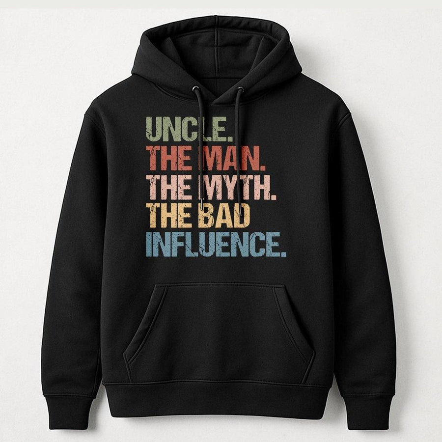 Uncle The Man The Myth The Bad Influence Hoodie | Distressed Retro Graphic | Premium Cotton-Poly Blend | Funny Gift for Uncle Birthday