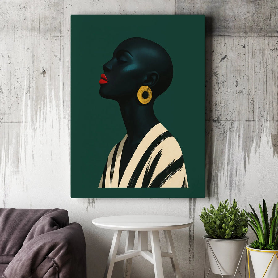 Black Woman Canvas Wall Art | Modern Minimalist Portrait with Gold Earring | Premium Thick Gallery Wrap | African American Art Gift for Living Room