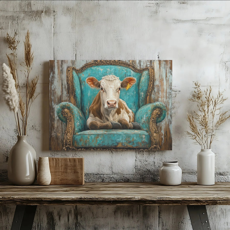Cow in Vintage Turquoise Armchair Canvas | Whimsical Farmhouse Wall Art | Gallery Wrapped Premium Print | Unique Living Room Decor Gift