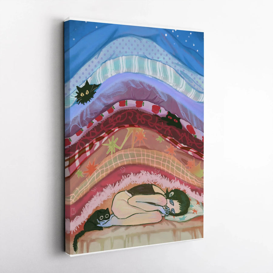 Cozy Cat Vertical Canvas | Whimsical Girl Under Blankets Illustration | Premium Gallery Wrapped Canvas | Modern Bedroom Decor Gift for Cat Lover
