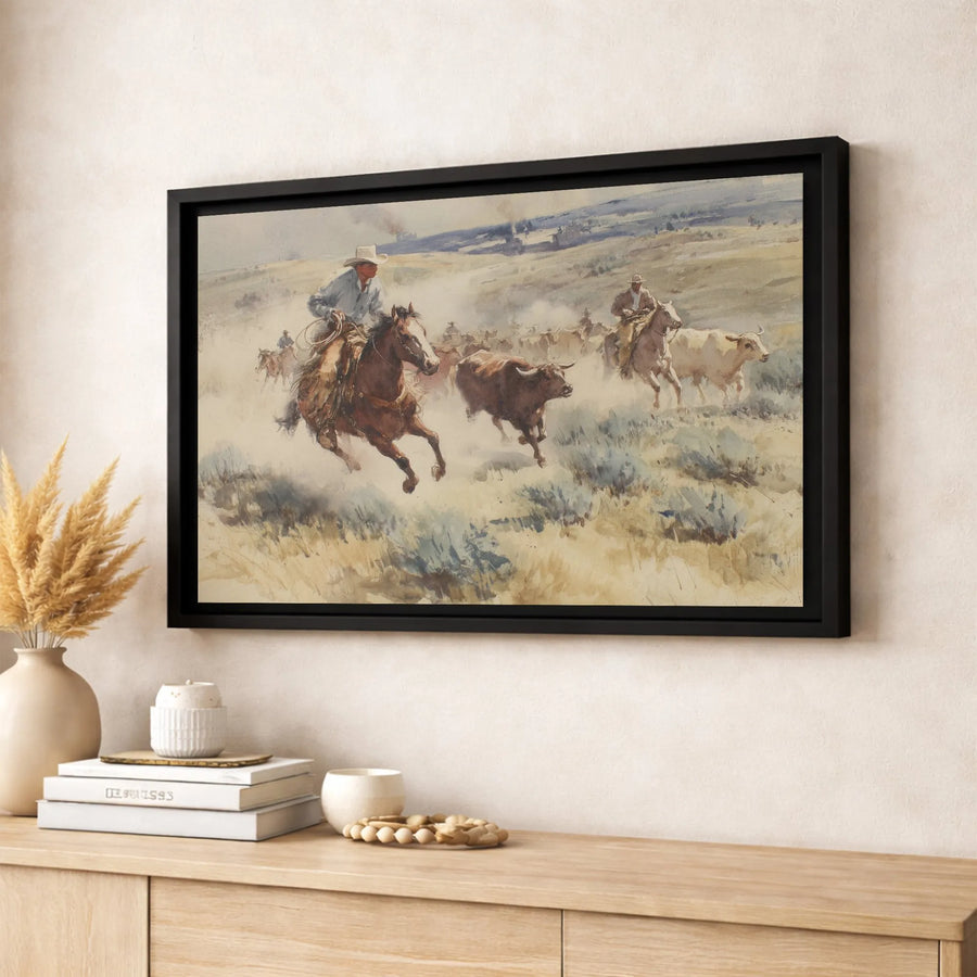 Western Cowboy Cattle Drive Canvas Art | Rustic Watercolor Rodeo Wall Decor | Premium 1.25 Inch Gallery Wrap | Southwestern Home Gift