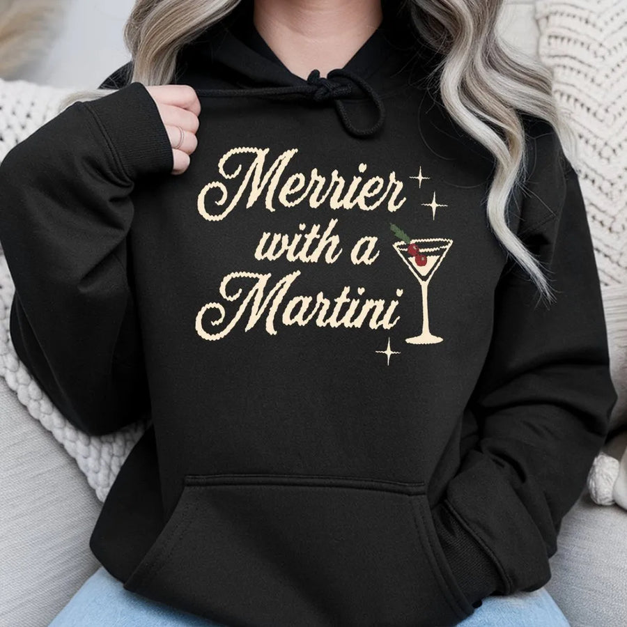 Merrier With A Martini Hoodie | Festive Holiday Cocktail Graphic | Premium Cotton Blend | Funny Christmas Party Gift for Women
