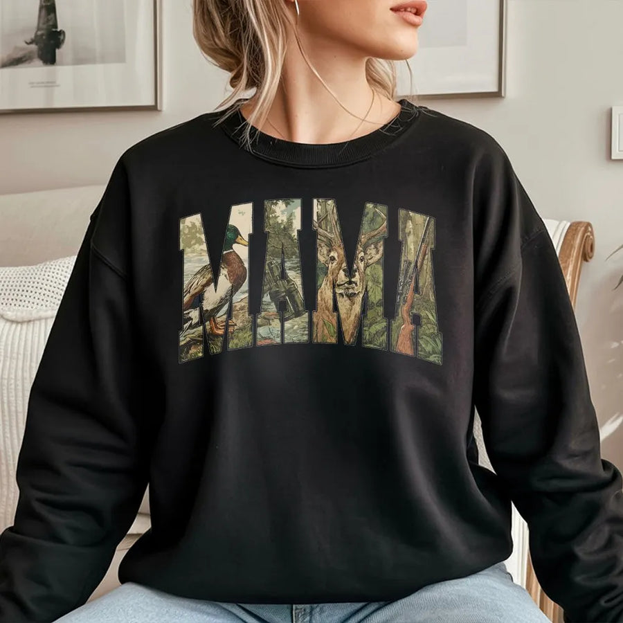 Hunting Mama Sweatshirt | Retro Camo Varsity Graphic | Soft Cotton Blend | Mother's Day Gift For Hunter Mom