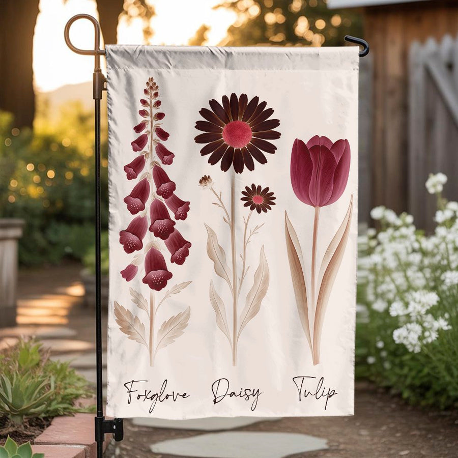 Floral Garden Flag | Foxglove Daisy Tulip Botanical Print | Weather-Resistant Premium Polyester | Housewarming Gift & Outdoor Yard Decor