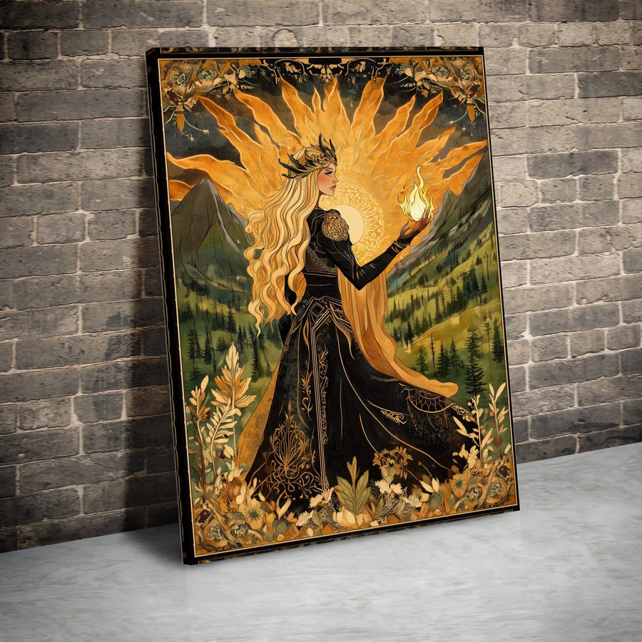 Sun Goddess Canvas Wall Art | Art Nouveau Mythical Illustration | Premium Gallery Wrapped Print | Spiritual Home Decor Collector's Gift
