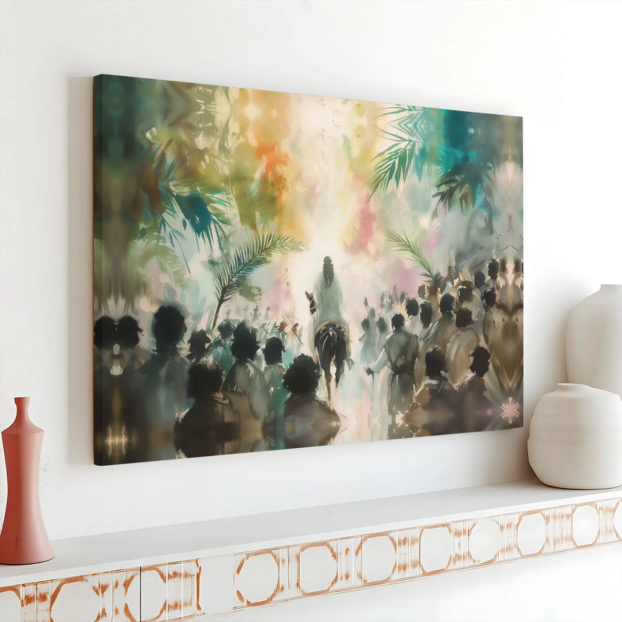 Palm Sunday Jesus Entry Canvas | Abstract Watercolor Biblical Wall Art | Premium Gallery Wrap Print | Christian Religious Home Decor Gift