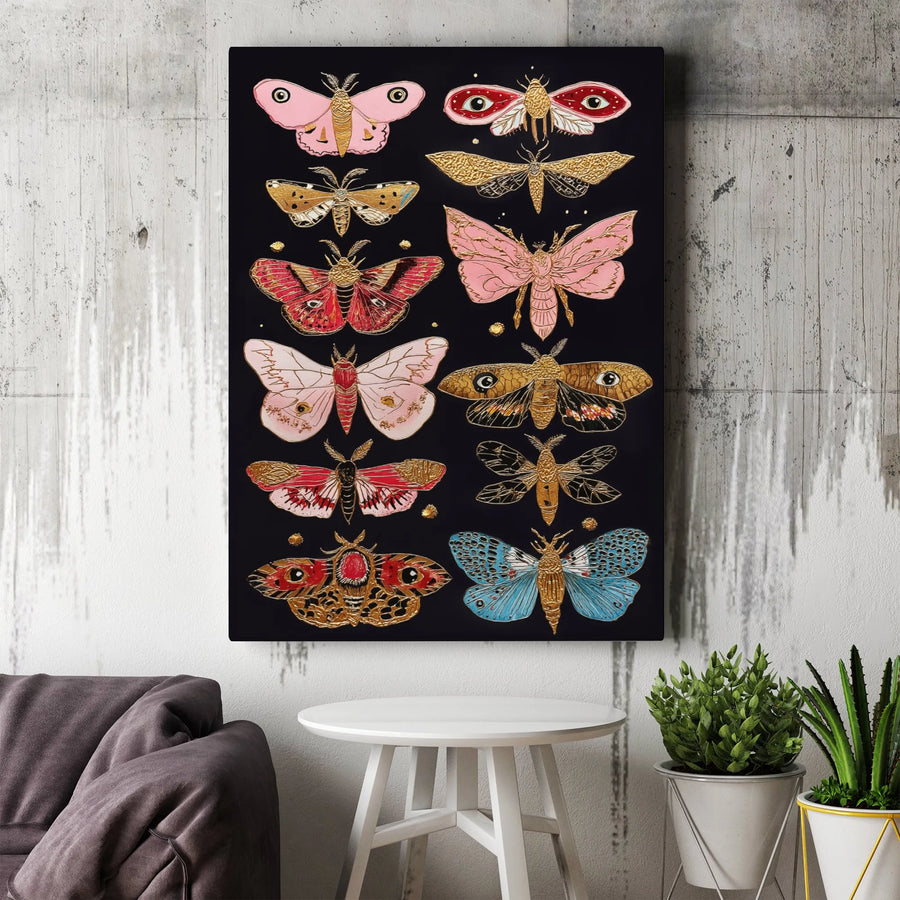 Moth Collection Canvas Art | Gothic Illustration with Gold Detail | Premium 1.25" Thick Canvas | Dark Academia Home Decor Gift