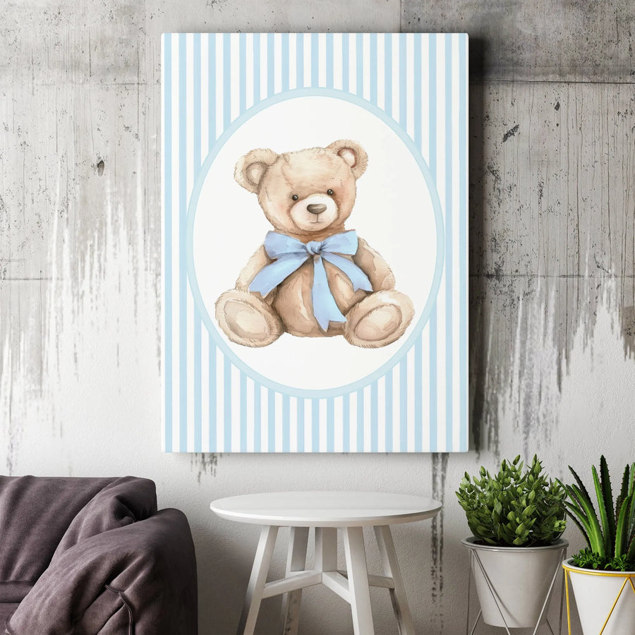 Watercolor Teddy Bear Wall Art | Blue Stripe Nursery Decor | Premium Gallery Canvas | Cute Baby Boy Room Gift