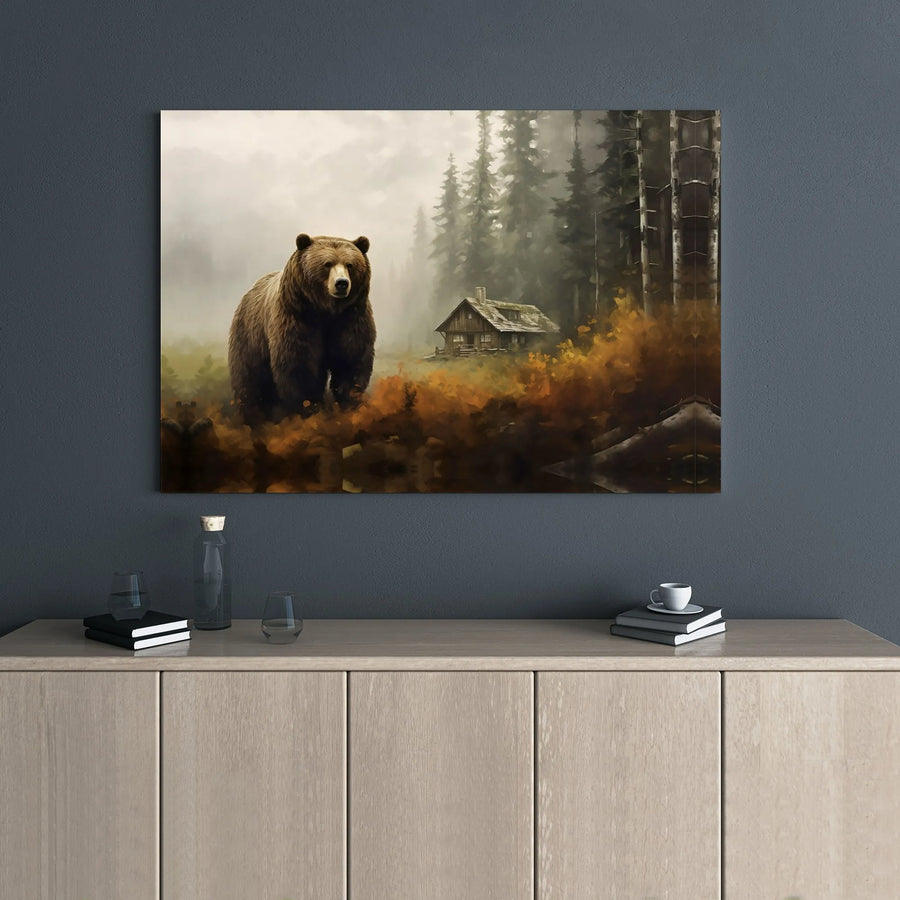 Grizzly Bear Canvas Wall Art | Foggy Autumn Forest Rustic Cabin Print | 1.25 Inch Gallery Wrap | Nature Lover Home Decor Gift