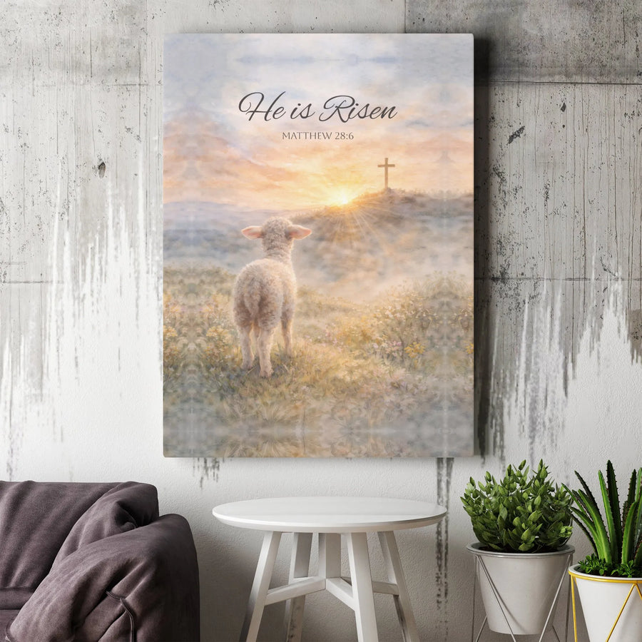He is Risen Canvas Wall Art | Christian Easter Bible Verse Decor | Premium Watercolor Lamb & Cross Print | Inspirational Religious Gift