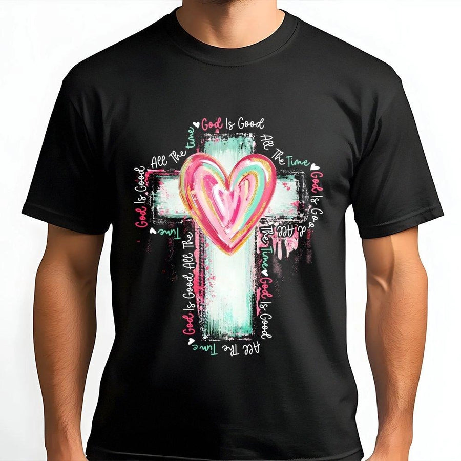God Is Good All The Time T-Shirt | Watercolor Cross Heart Design | Premium 100% Cotton | Religious Christian Gift for Men and Women