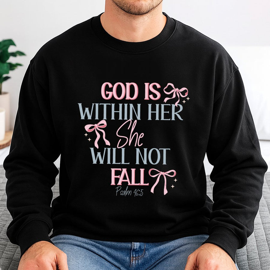 God Is Within Her She Will Not Fall Sweatshirt | Psalm 46:5 Coquette Bow Aesthetic | Premium Cotton Blend | Christian Gift for Women