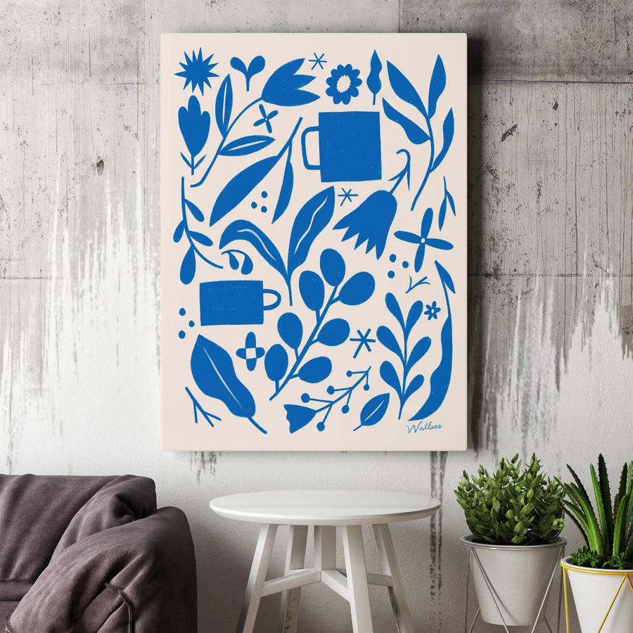 Blue Floral Coffee Canvas Print | Modern Minimalist Botanical Art | Premium Thick Gallery Wrap | Kitchen Wall Decor Gift for Coffee Lover