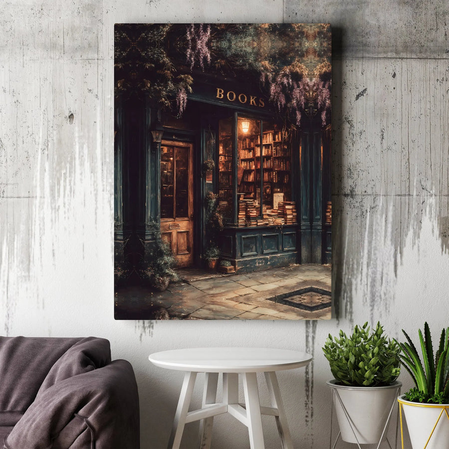 Cozy Bookstore Canvas Print | Dark Academia Wisteria Wall Art | 1.25 Inch Gallery Wrap | Bibliophile Gift for Reader Home Office Decor