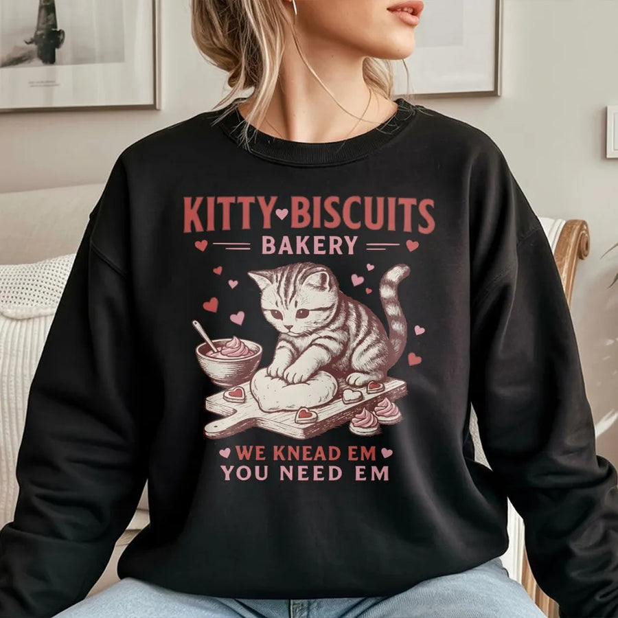 Kitty Biscuits Bakery Sweatshirt | Cute Kitten Kneading Dough Graphic | Premium Cotton Blend | Funny Valentine Cat Lover Gift
