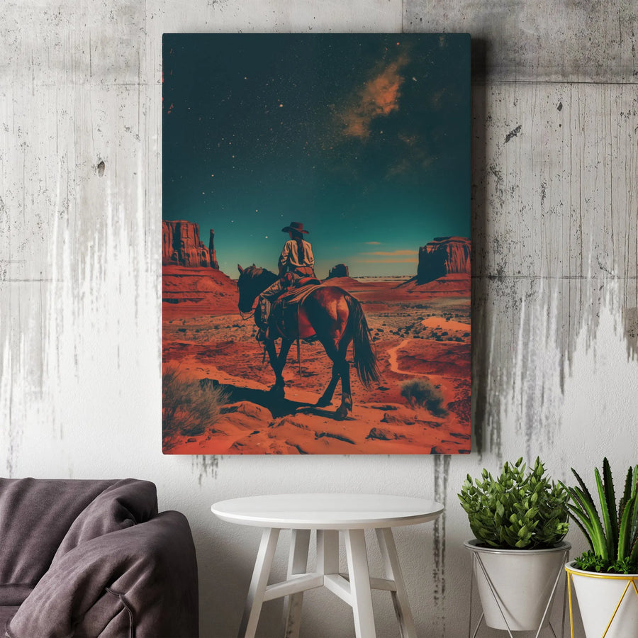 Western Cowboy Canvas Print | Monument Valley Starry Night Wall Art | Premium 1.25" Gallery Wrap | Southwestern Home Decor Gift for Him