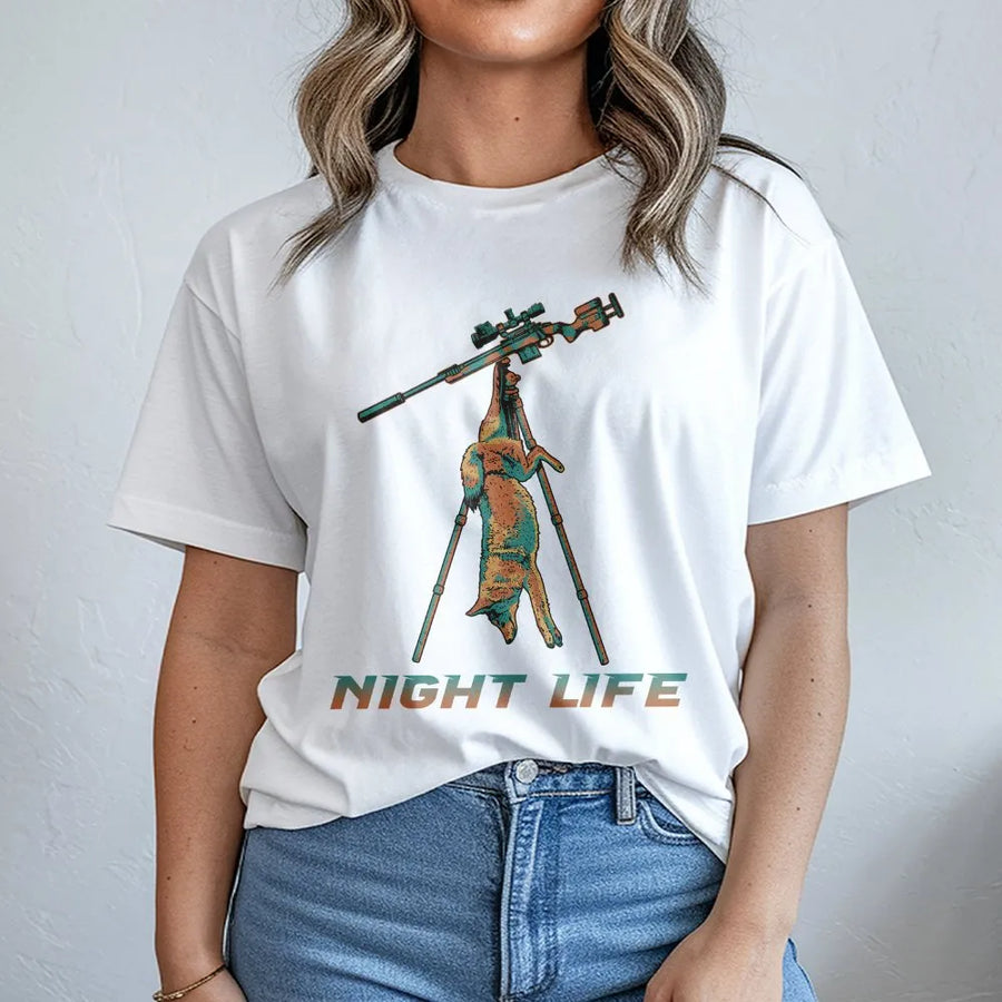 Coyote Hunting T-Shirt | Night Life Predator Hunter Graphic | Premium Cotton Blend | Gift for Varmint Hunters