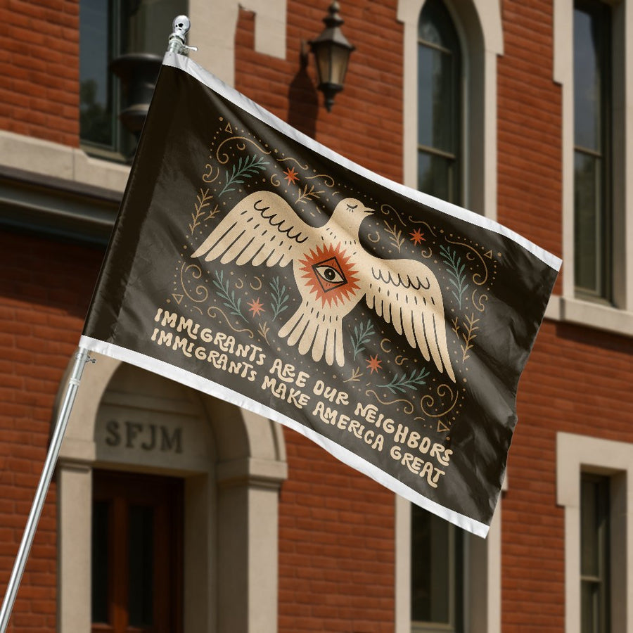 Immigrants Are Neighbors House Flag | Folk Art Dove Social Justice Banner | Premium Fade-Resistant Polyester | Outdoor Home Decor & Gift