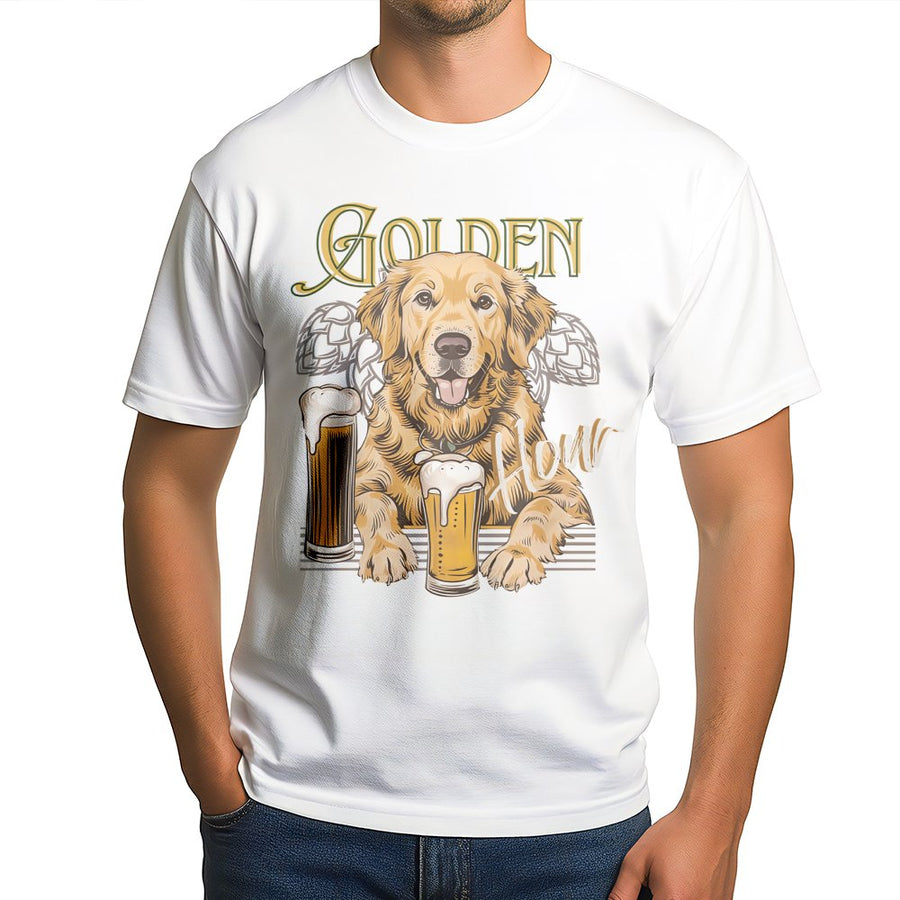 Golden Retriever Beer T-Shirt | Funny Golden Hour Graphic Print | Premium Soft Cotton Tee | Gift for Dog Dad and Beer Lovers