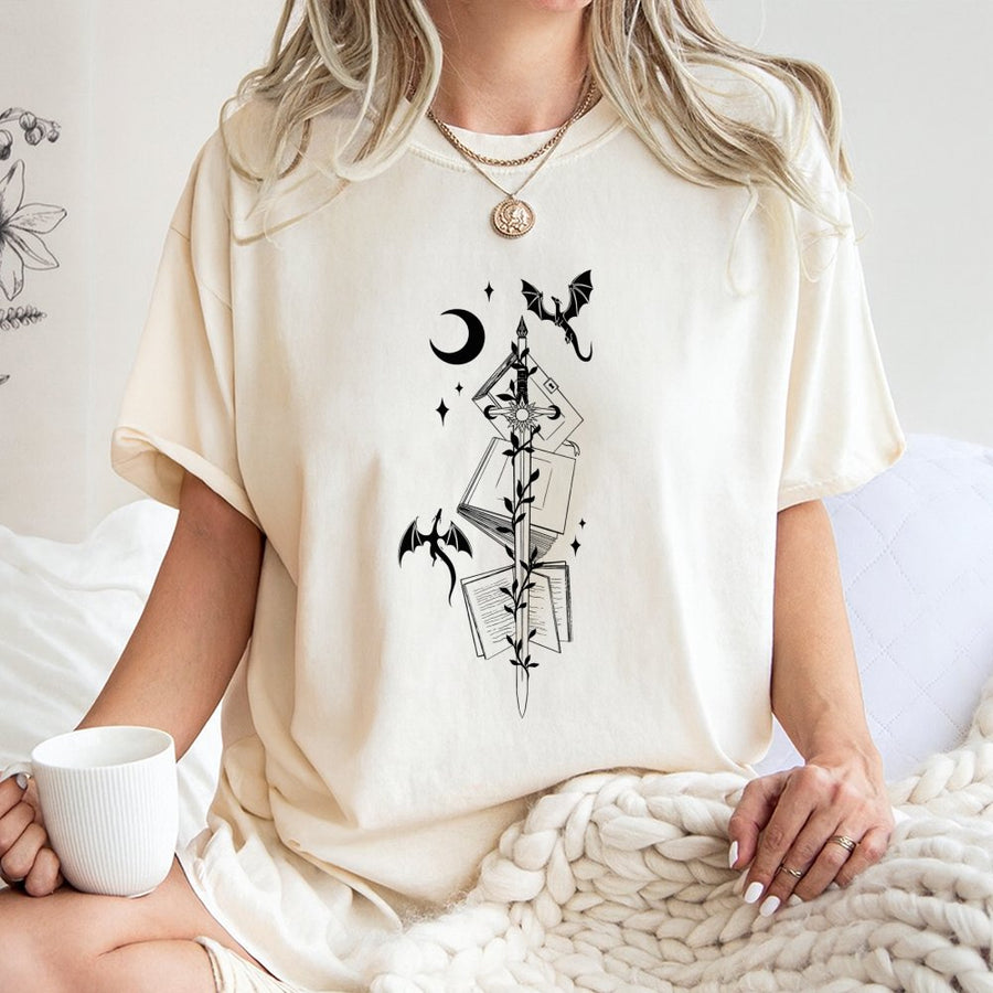 Fantasy Dragon Rider T-Shirt | Bookish Sword and Moon Aesthetic Graphic | 100% Soft Cotton Premium Tee | Gift for Fantasy Readers and Book Lovers