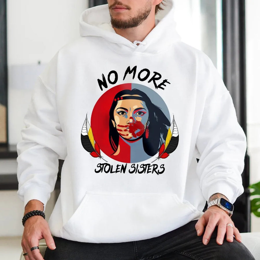 No More Stolen Sisters Hoodie | MMIW Awareness Red Hand Design | Cotton-Poly Blend Sweatshirt | Indigenous Rights Gift for Men and Women