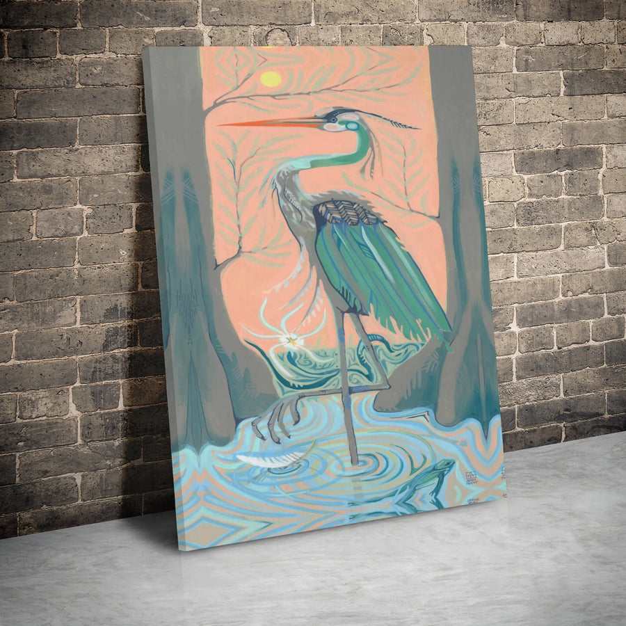 Great Blue Heron Canvas Wall Art | Stylized Coastal Swamp Sunset Print | Premium Gallery Wrap Decor | Modern Nature Gift For Bird Lovers