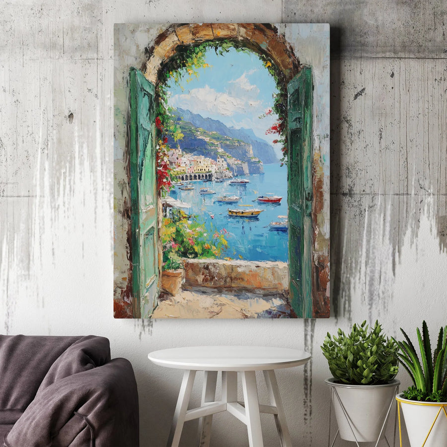 Italian Coastal Village Canvas Print | Impressionist Seascape Through Archway | Premium Canvas Art | European Travel Wall Decor Gift