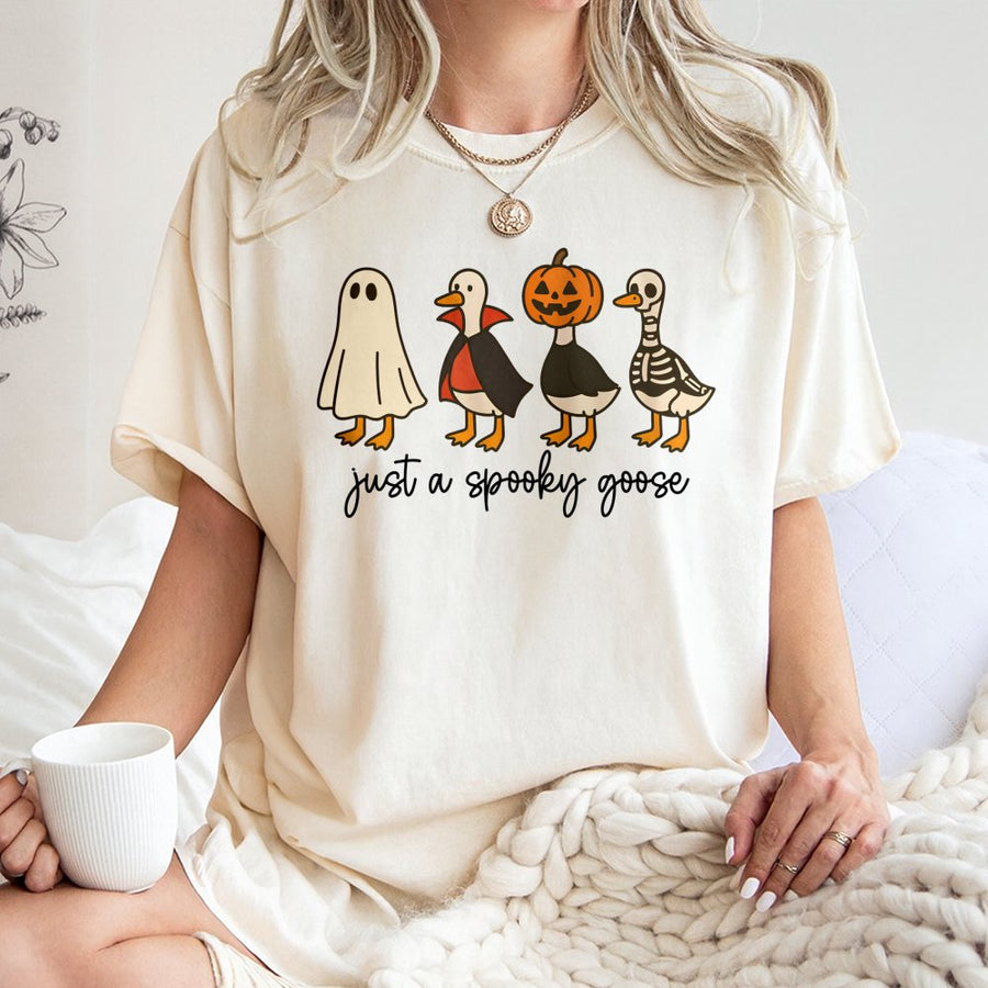 Spooky Goose Halloween T-Shirt | Cute Ghost Pumpkin Skeleton Duck Graphic | 100% Cotton Premium Tee | Funny Fall Gift for Goose Lovers