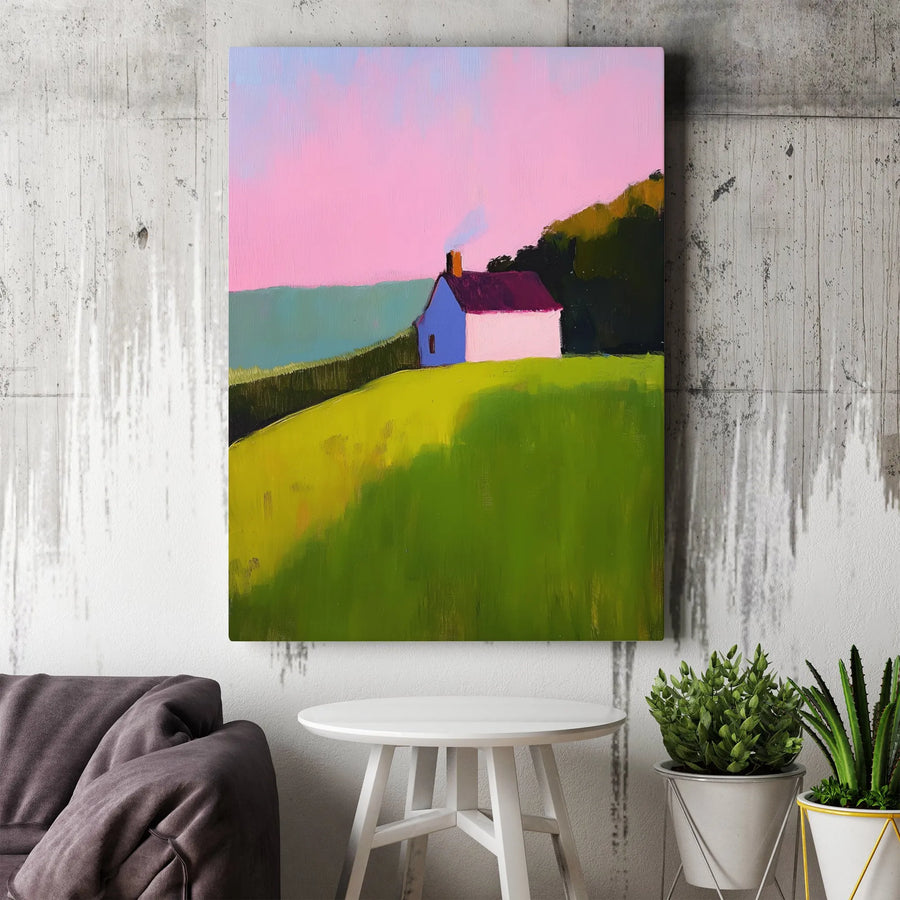 Impressionist Landscape Canvas Print | Pink Sky Cottage Wall Art | 1.25-Inch Gallery Wrap | Modern Home Decor Gift