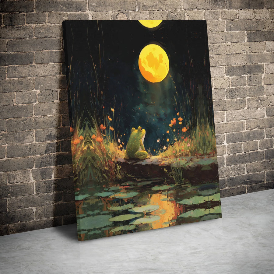 Frog Wall Art Canvas | Moody Night Full Moon Pond Scene | Premium Gallery Wrap Print | Whimsical Nature Lover Gift Decor