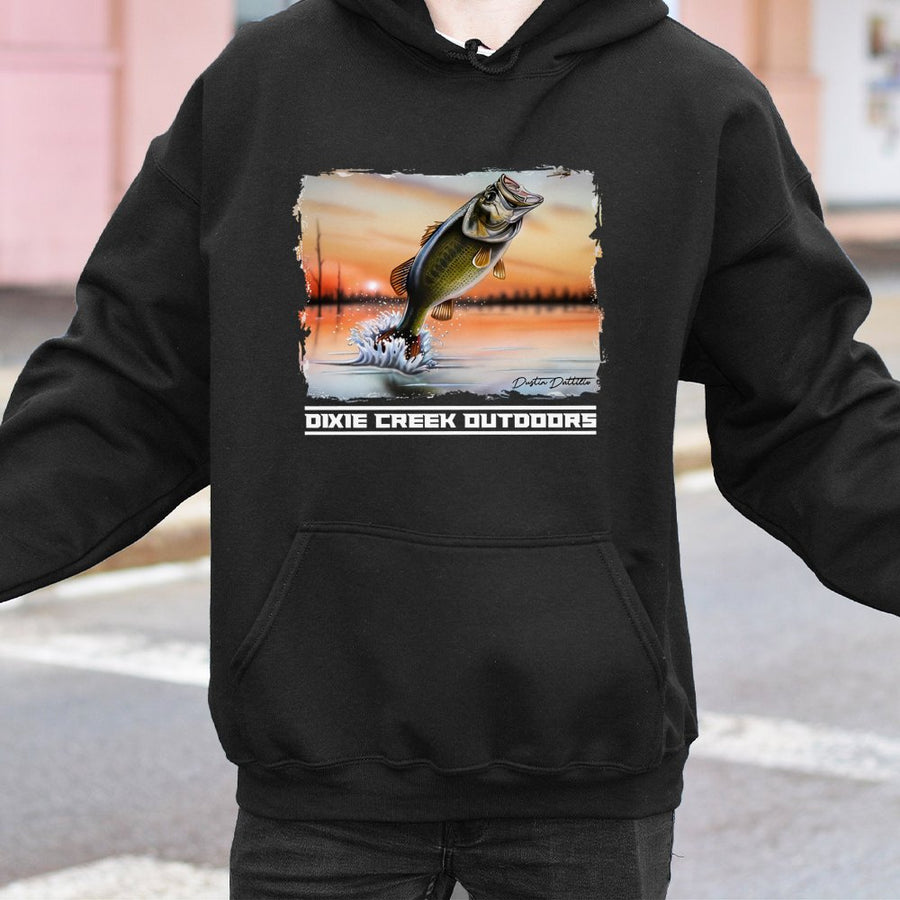 Dixie Creek Outdoors Fishing Hoodie | Jumping Bass Wildlife Graphic | Premium Cotton Blend | Gift for Anglers and Nature Lovers