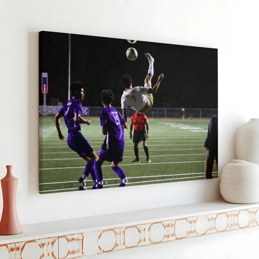 Soccer Bicycle Kick Canvas Wall Art | Action Shot Photography | Premium Gallery Wrapped Canvas | Gift for Soccer Player & Boys Room Decor