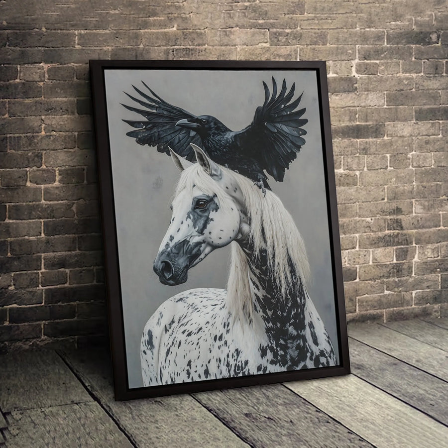 Appaloosa Horse Wall Art | Raven Bird Gothic Oil Painting Style | 1.25 Inch Premium Gallery Wrapped Canvas | Moody Home Decor Gift