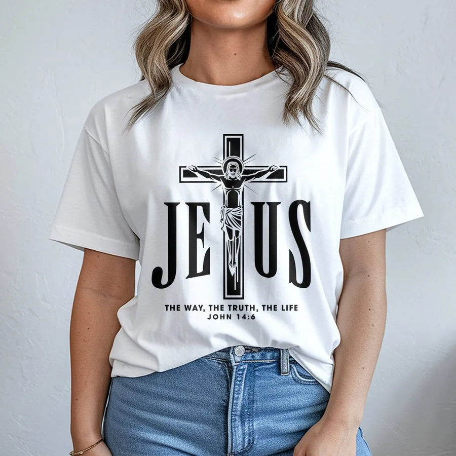 Jesus Cross T-Shirt | John 14:6 Bible Verse Graphic | Premium Cotton Blend | Christian Faith Apparel Gift for Men and Women