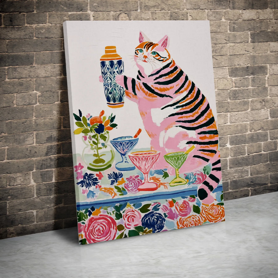 Pink Tiger Cat Wall Art | Whimsical Bartender With Cocktails Illustration | Premium 1.25-inch Canvas Print | Unique Kitchen Bar Decor Gift