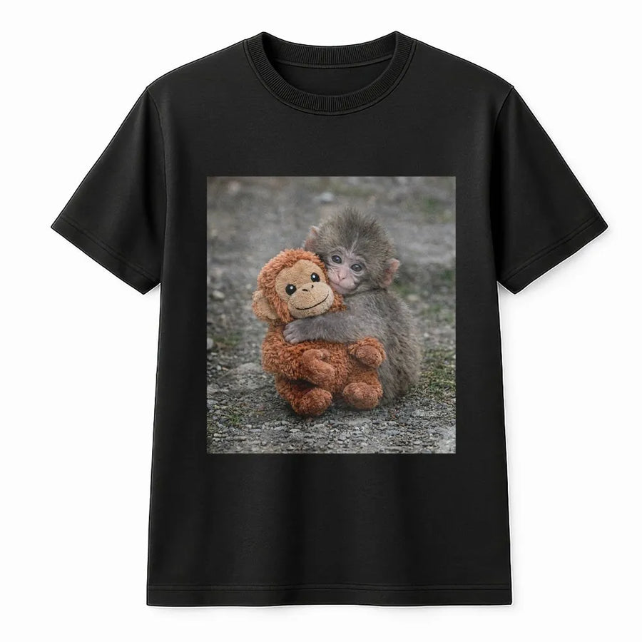 Baby Monkey Graphic T-Shirt | Cute Animal Hug Design | 100% Cotton Premium Tee | Wildlife Gift for Animal Lovers and Kids