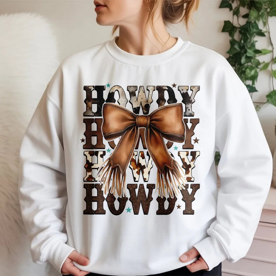 Howdy Cowgirl Sweatshirt | Western Brown Leather Bow Graphic | Premium Cotton Blend | Trendy Coquette Country Aesthetic Gift for Her