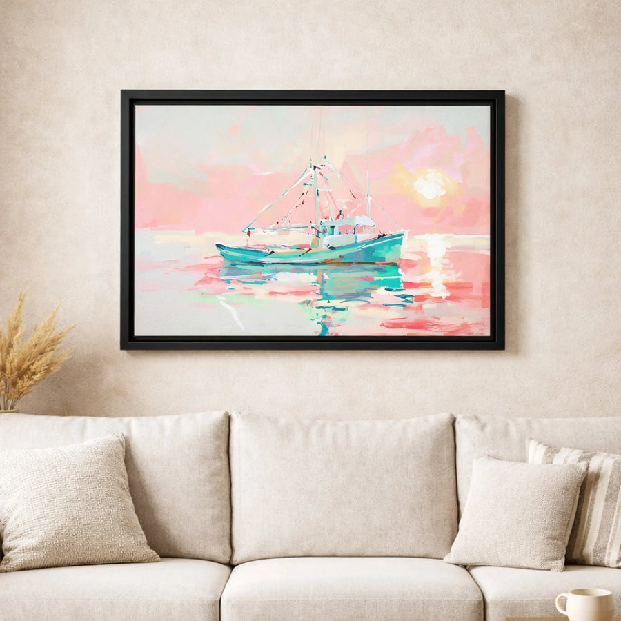 Coastal Fishing Boat Canvas Wall Art | Pink Sunset Impressionist Print | Premium Gallery Wrapped Decor | Nautical Home Office Gift