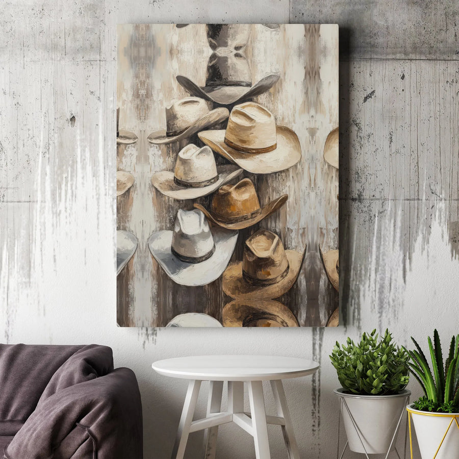 Cowboy Hat Canvas Wall Art | Rustic Western Painting Print | Premium Gallery Wrap Canvas | Farmhouse Man Cave Decor Gift