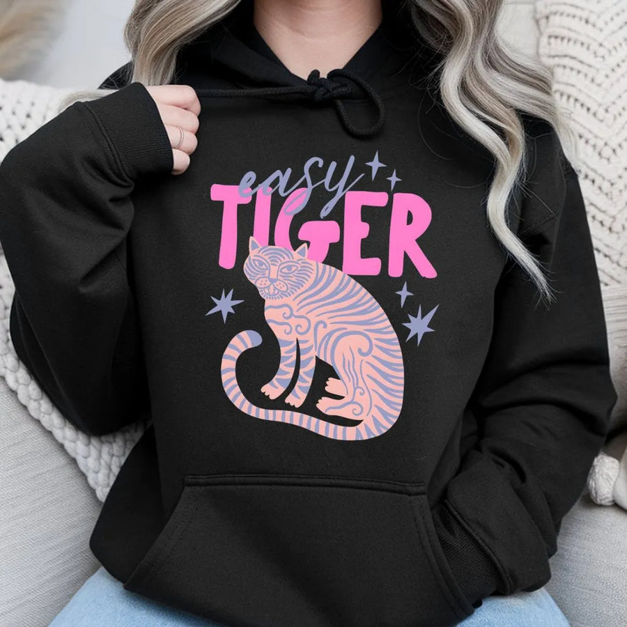 Easy Tiger Hoodie | Retro Tiger Graphic | Premium Soft Cotton Blend | Trendy Boho Pullover Gift for Her