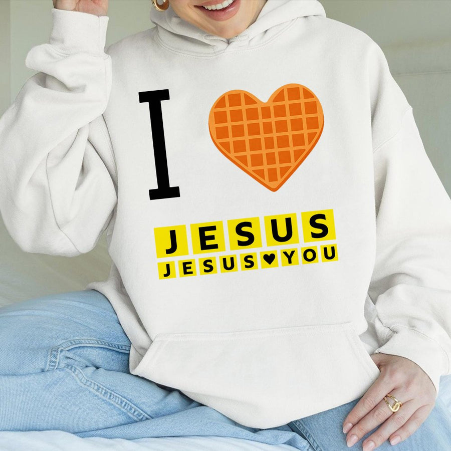 I Love Jesus Waffle Hoodie | Funny Christian Breakfast Graphic | Soft Cotton-Blend Pullover | Religious Gift for Men and Women