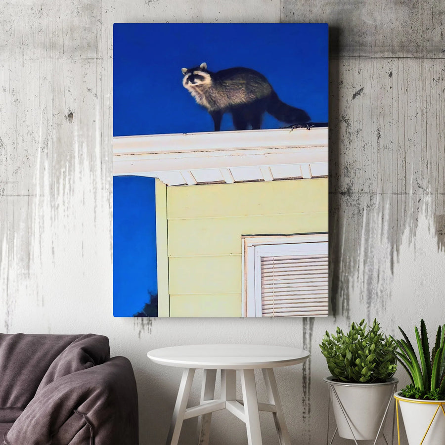 Raccoon on Roof Canvas Wall Art | Modern Wildlife Photography Print | Premium Gallery Wrapped Canvas | Quirky Animal Decor Gift for Living Room