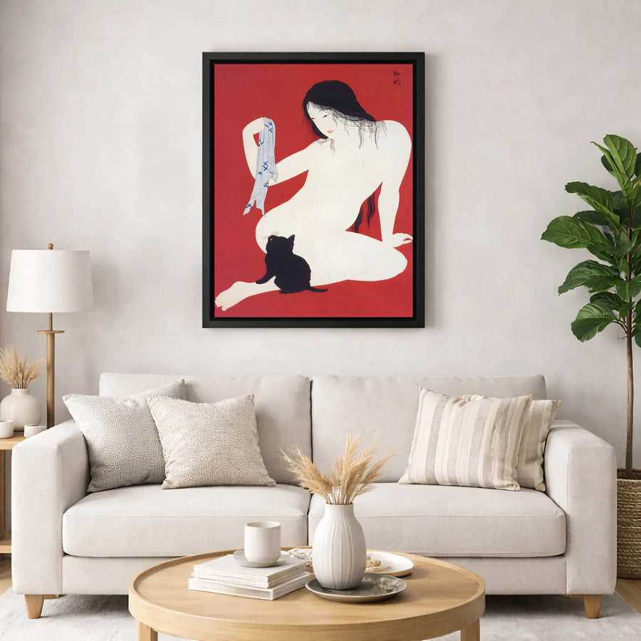 Japanese Woodblock Art Print | Tsuchiya Koitsu Yuagari After the Bath Nude with Black Cat | Premium Gallery Wrap Canvas | Vintage Aesthetic Home Decor
