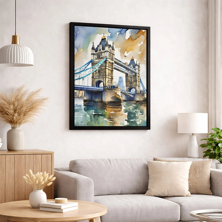 London Tower Bridge Wall Art | Watercolor Cityscape Painting | Premium Gallery Wrapped Canvas | British Travel Decor Gift