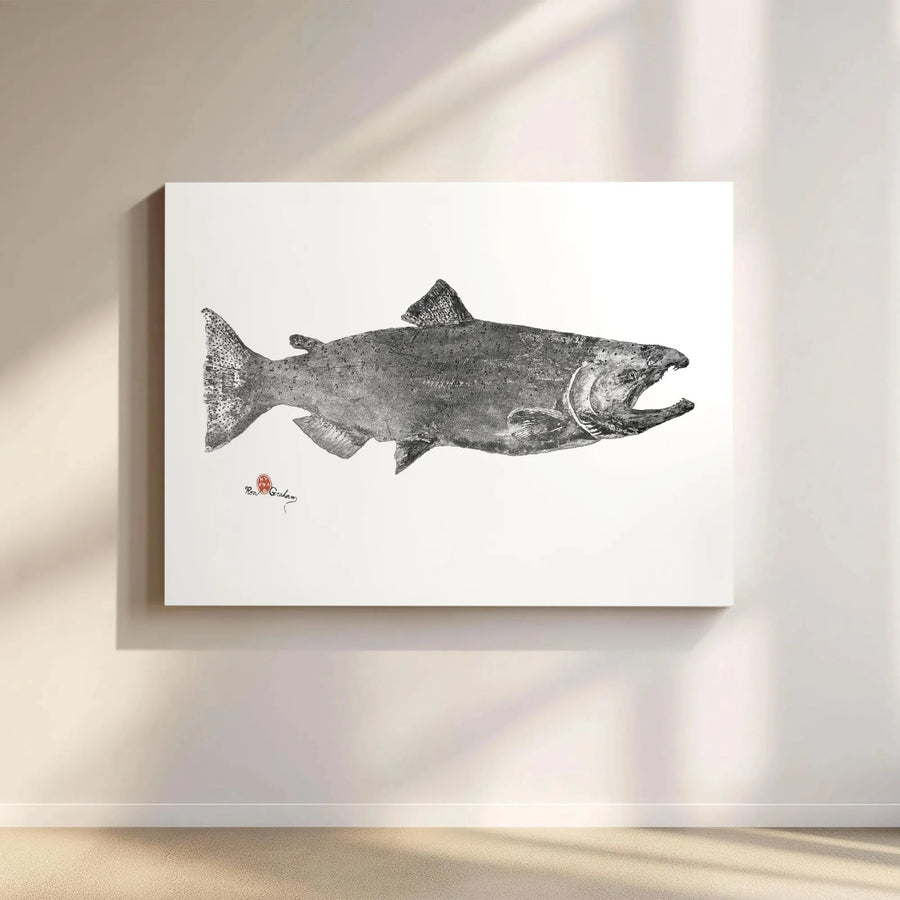 Salmon Gyotaku Fish Wall Art | Japanese Fish Rubbing Print | Premium Gallery Wrapped Canvas | Minimalist Nature Gift for Fisherman