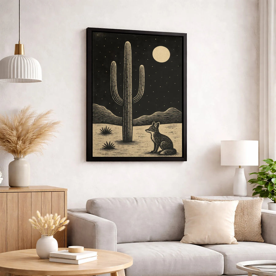 Desert Fox and Saguaro Canvas Wall Art | Linocut Style Night Landscape | Premium Fade-Resistant Gallery Wrap | Southwestern Home Decor Gift