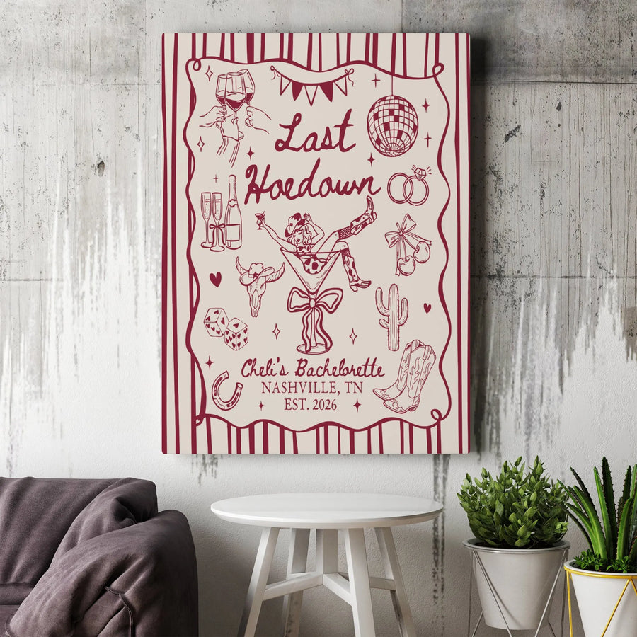Last Hoedown Western Bachelorette Vertical Canvas | Retro Cowgirl Disco Line Art Design | Premium 1.25 Inch Gallery Wrap Wall Art | Fun Bride to Be Keepsake Gift