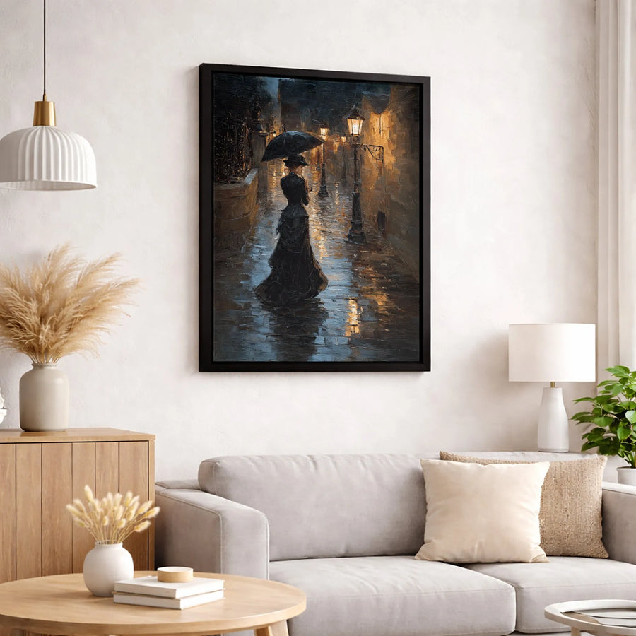 Victorian Street Scene Canvas Print | Moody Rainy Lamplit Path | Gallery-Quality 1.25-Inch Profile | Artistic Home Decor Gift